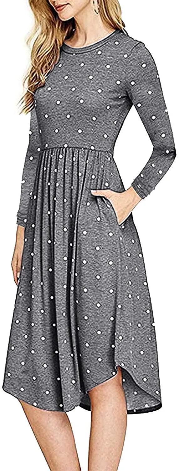 YUNDAI Women Short Sleeve Polka Dot Casual Pockets Swing Pleated Midi Dress Knee Length