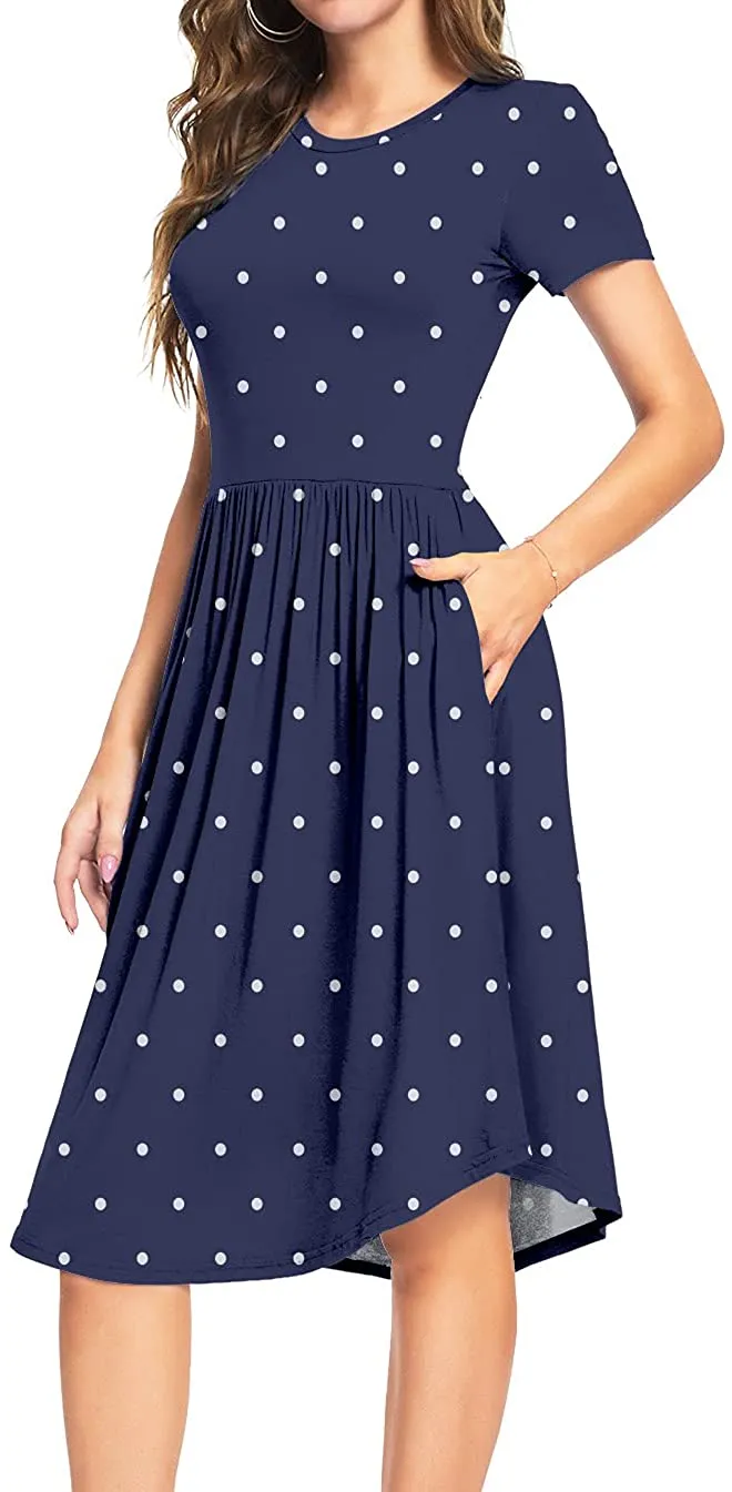 YUNDAI Women Short Sleeve Polka Dot Casual Pockets Swing Pleated Midi Dress Knee Length