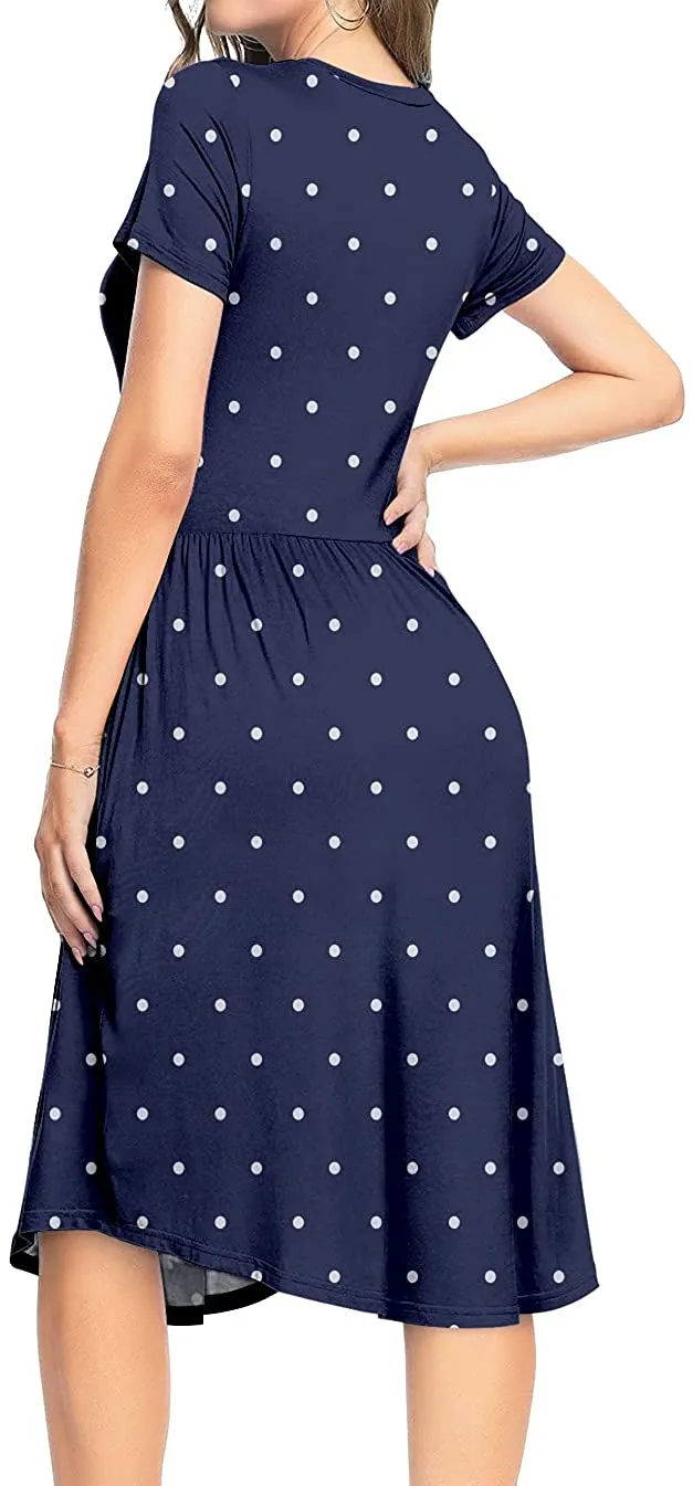 YUNDAI Women Short Sleeve Polka Dot Casual Pockets Swing Pleated Midi Dress Knee Length